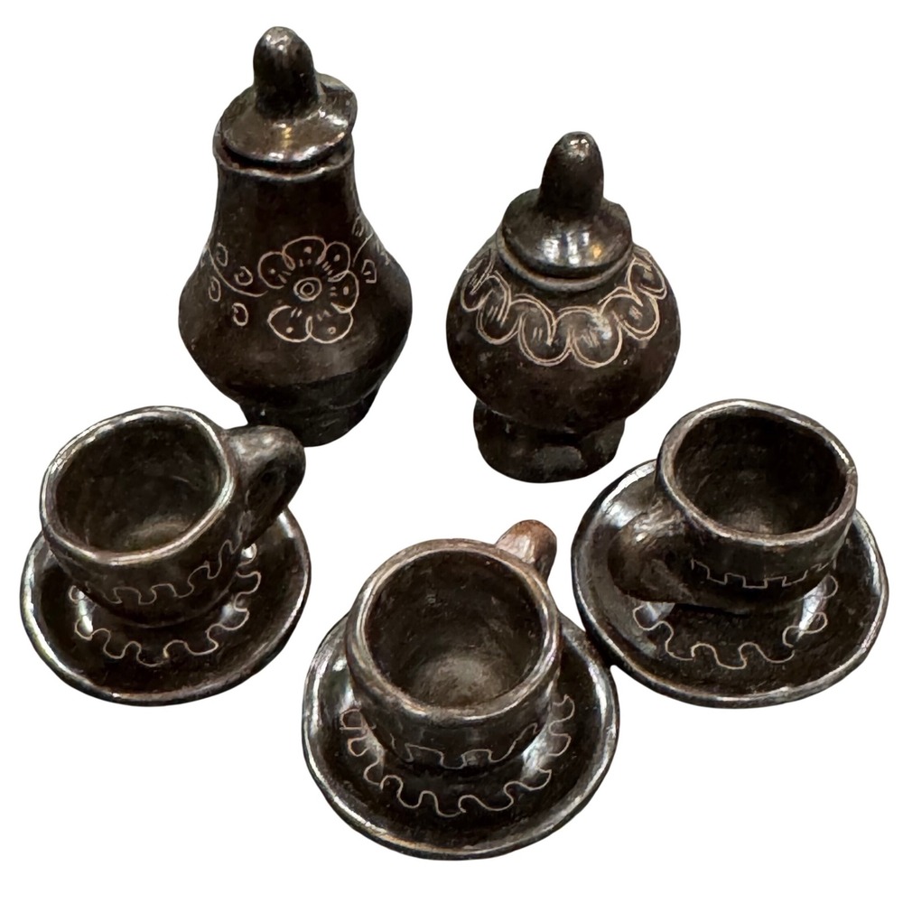 Vintage Mexican Barro Negro Miniature Tea Set Black Clay Pottery Oaxaca 8 Piece